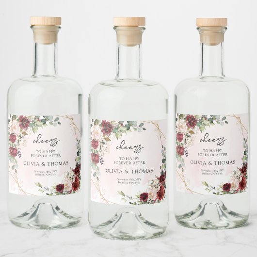 Modernes bordeauxfarbenes, goldfarbenes, geometris alkoholflaschenetikett (Flaschen)