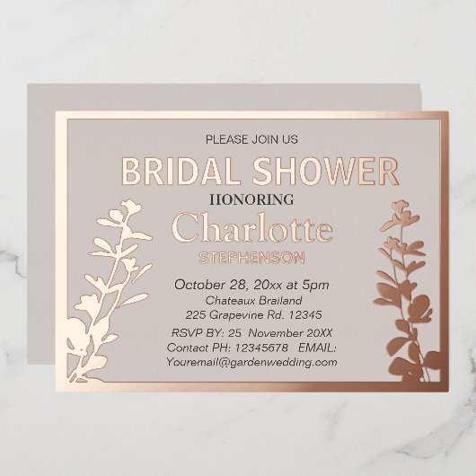 Modernes botanisches Blätter Brautparty Folieneinladung (Vorderseite/Rückseite)