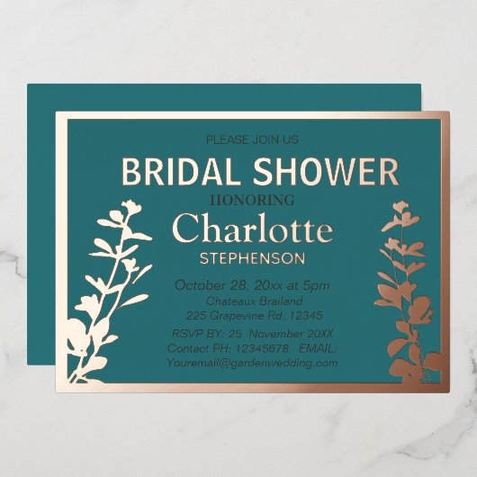 Modernes botanisches Blätter Brautparty Folieneinladung (Vorderseite/Rückseite)