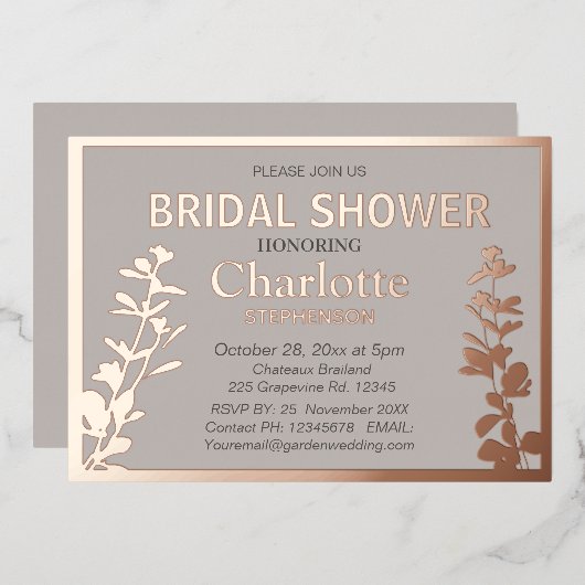Modernes botanisches Blätter Brautparty Folieneinladung (Vorderseite/Rückseite)