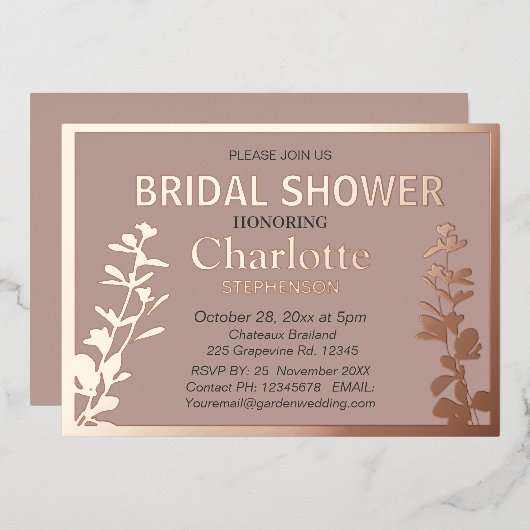 Modernes botanisches Blätter Brautparty Folieneinladung (Vorderseite/Rückseite)