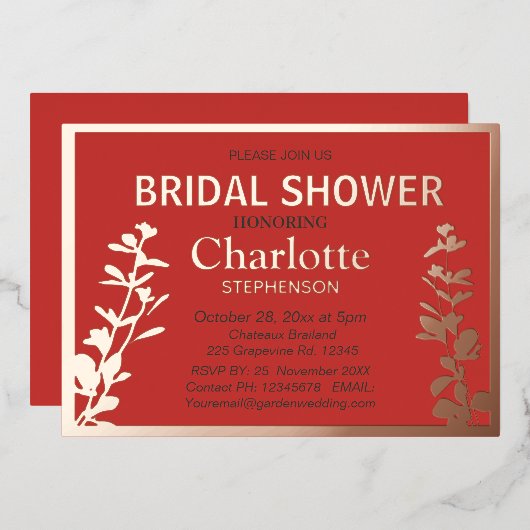 Modernes botanisches Blätter Brautparty Folieneinladung (Vorderseite/Rückseite)