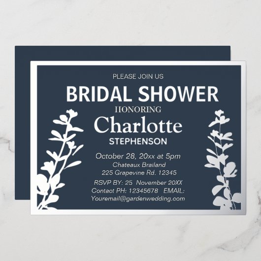Modernes botanisches Blätter Brautparty Folieneinladung (Vorderseite/Rückseite)