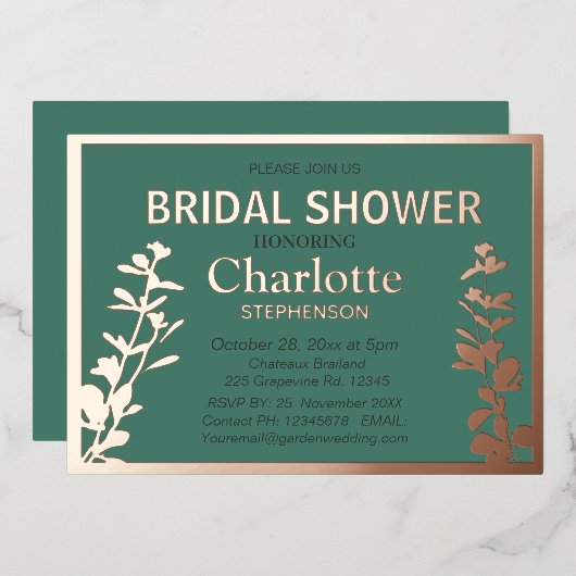 Modernes botanisches Blätter Brautparty Folieneinladung (Vorderseite/Rückseite)