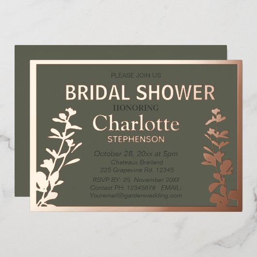 Modernes botanisches Blätter Brautparty Folieneinladung (Vorderseite/Rückseite)