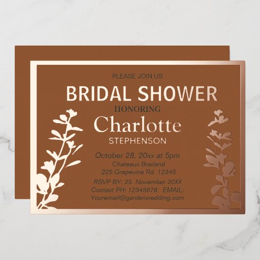 Modernes botanisches Blätter Brautparty Folieneinladung (Vorderseite/Rückseite)