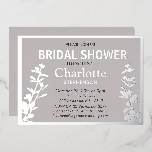 Modernes botanisches Blätter Brautparty Folieneinladung (Vorderseite/Rückseite)
