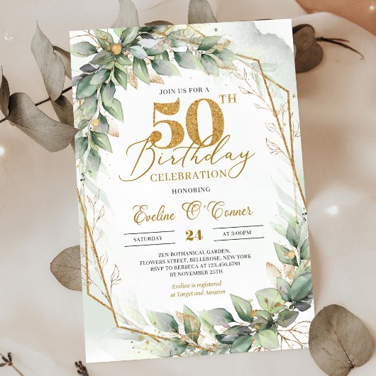 Modernes botanisches Blattgold 50. Geburtstag Einladung