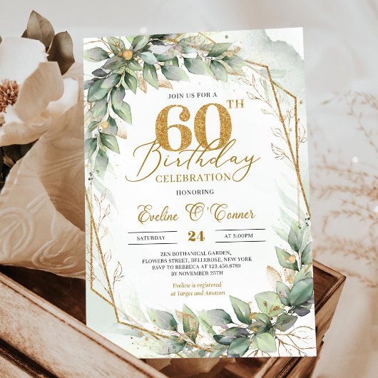 Modernes botanisches Blattgold 60. Geburtstag Einladung