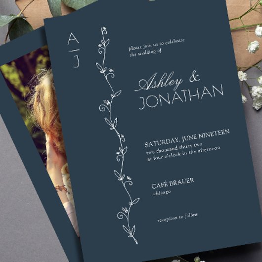 Modernes botanisches Divider Hochzeit eines navy-B Einladung