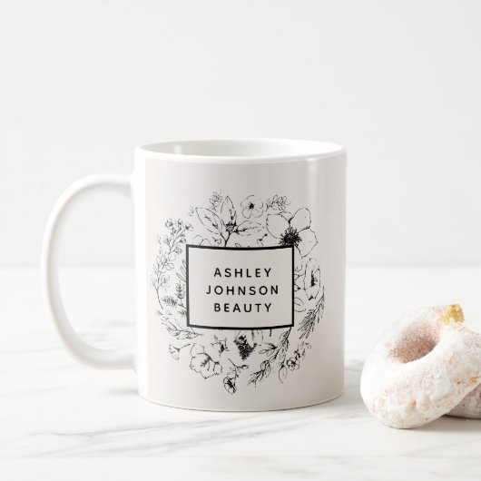 Modernes botanisches Erröten mit schwarzer Markenb Kaffeetasse (Mit Donut)