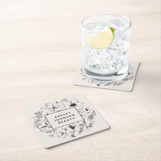 Modernes botanisches Erröten mit schwarzer Markenb Rechteckiger Pappuntersetzer (Vor Ort)