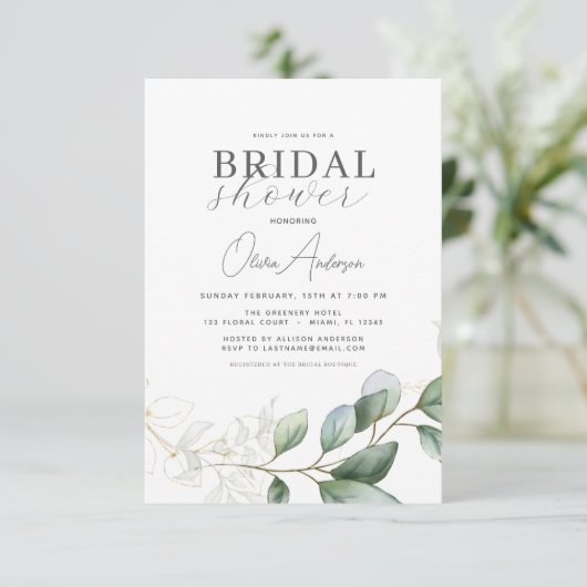 Modernes botanisches Eukalyptus-Boho-Brautparty Einladung (Stehend Vorderseite)