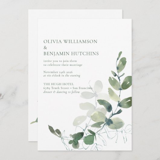 Modernes botanisches Eukalyptus Wedding RSVP Onlin Einladung (Vorne/Hinten)