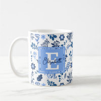 Modernes botanisches Folk Art Blue White Monogram