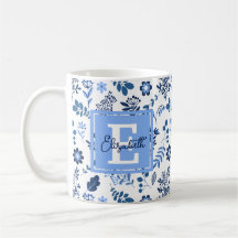 Modernes botanisches Folk Art Blue White Monogram