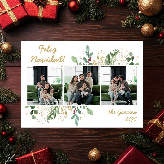 Modernes botanisches Foto Feliz Navidad Feiertagskarte