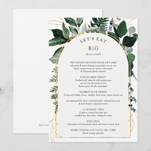 Modernes Botanisches Hochzeitsmenü Menükarte (Vorne/Hinten)