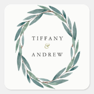 Modernes Botanisches Leaf-Kranz-Hochzeitsticker Quadratischer Aufkleber