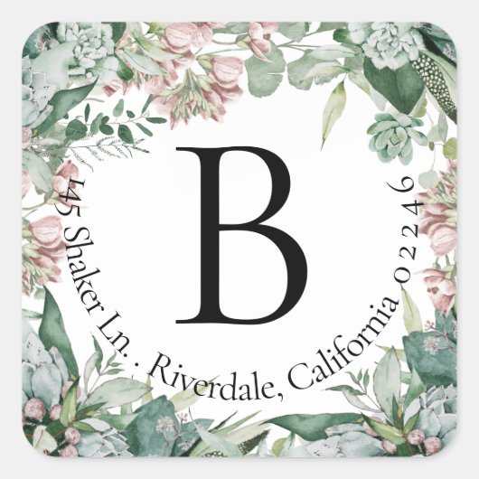 Modernes botanisches Monogramm-Rücksendezeichen Quadratischer Aufkleber (Vorderseite)