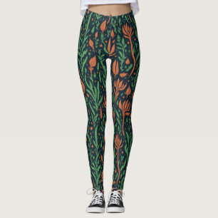 Modernes Botanisches Rotes Grün Blätter Blumenmust Leggings