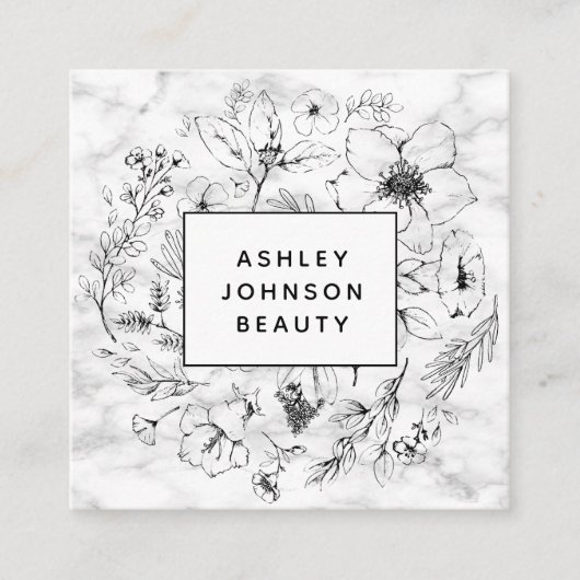 Modernes botanisches Schwarz-Weiß-Marmor Quadratische Visitenkarte (Vorderseite)