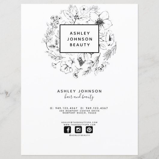 Modernes Botanisches Schwarz-weißes Wellness-Cente (Rückseite)