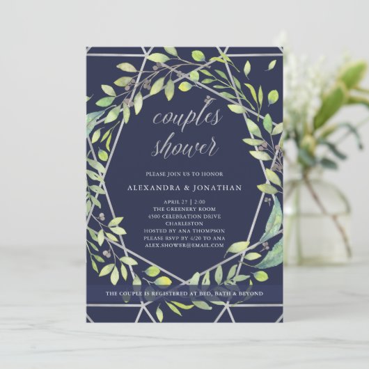 Modernes botanisches | Silver and Blue Couples Dus Einladung (Stehend Vorderseite)