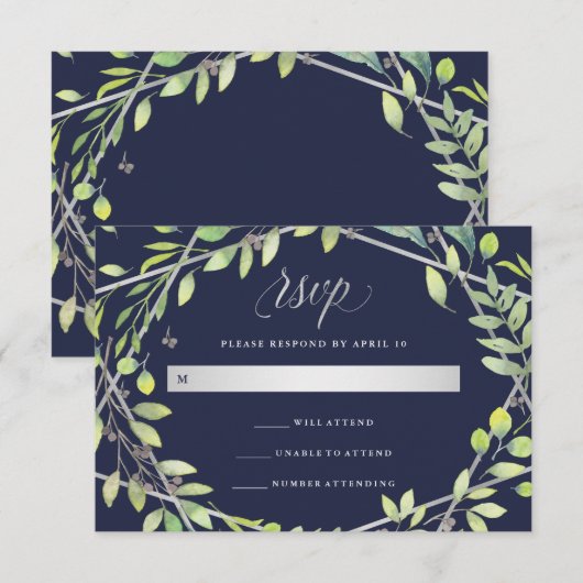 Modernes botanisches | Silver Look Wedding RSVP Karte (Vorne/Hinten)
