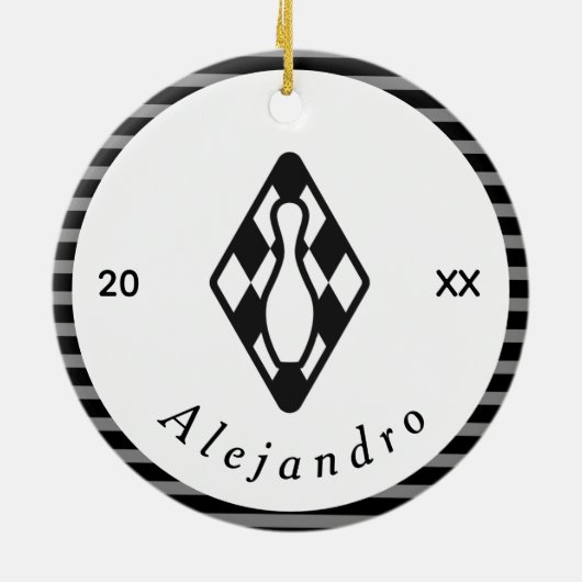 Modernes Bowling Button Design Schwarz-weißer Indi Keramik Ornament (Hinten)