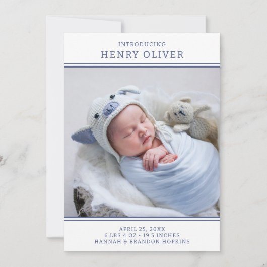 Modernes Boy Blue Foto Geburtserklärung Einladung (Vorderseite)