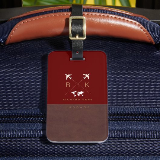 Modernes Braun/Rotes Gepäckstück mit Name Gepäckanhänger (Vorderseite Insitu 2)