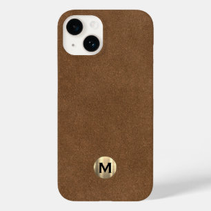 Modernes braunes Leder gebürstetes Gold Monogramm Case-Mate iPhone 14 Hülle