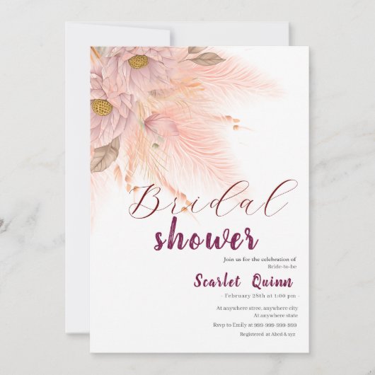 Modernes Brautparty aus rosa Pampelgras Einladung (Vorderseite)