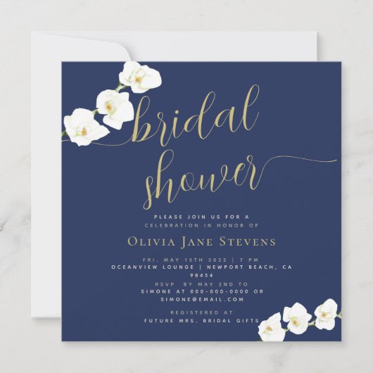 Modernes Brautparty der White Orchid Navy Einladung (Vorderseite)