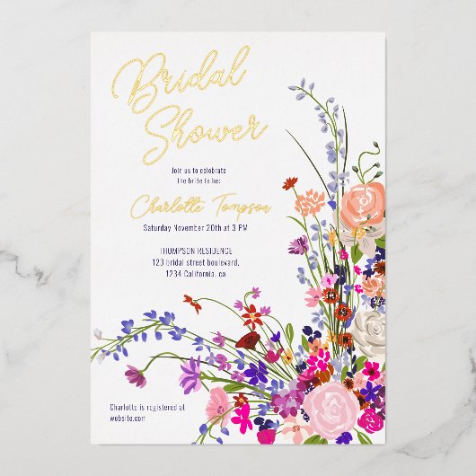 Modernes Brautparty für Fallwild-Blume Folieneinladung (Vorderseite)