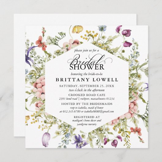 Modernes Brautparty für Lila botanische Wildblume Einladung (Vorne/Hinten)