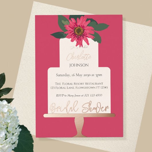 Modernes Brautparty mit Blumenkuchen Gold Folieneinladung