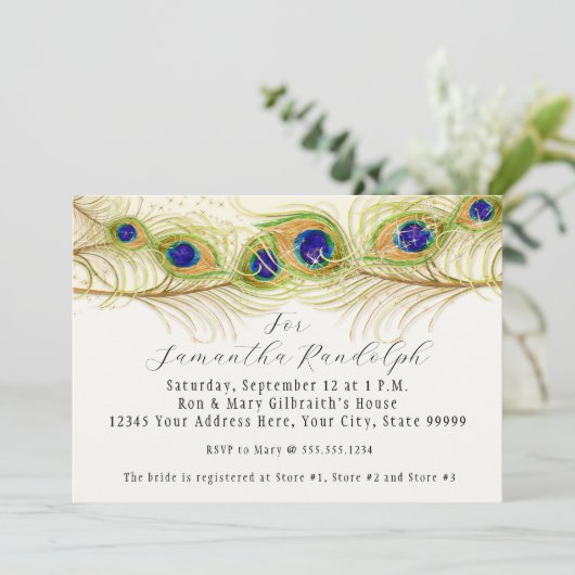 Modernes Brautparty mit schwirren Pfauenfedern läd Einladung (Stehend Vorderseite)