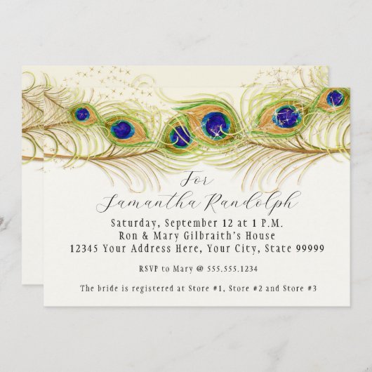 Modernes Brautparty mit schwirren Pfauenfedern läd Einladung (Vorne/Hinten)