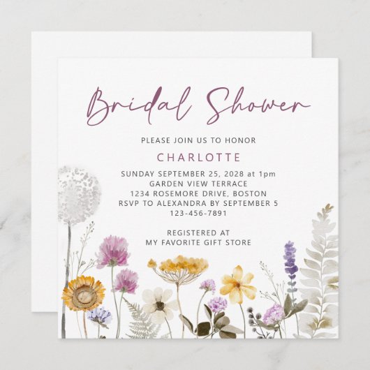 Modernes Brautparty zur Wildblume von Wasserfarben Einladung (Vorne/Hinten)