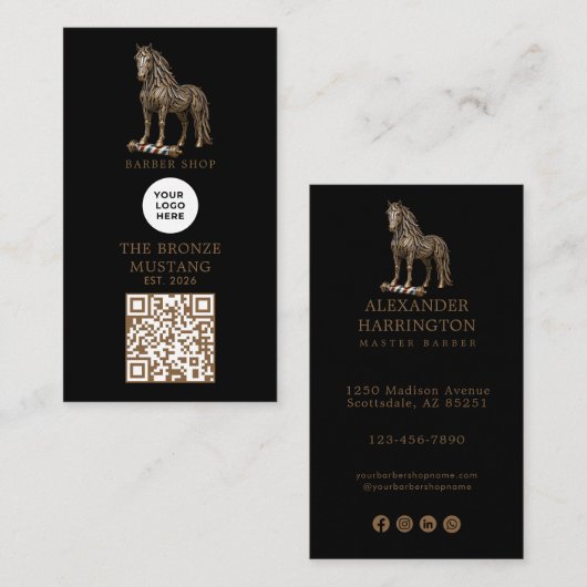 Modernes Bronze-Mustang-Friseurstudio-Logo-Qr-Code Visitenkarte (Vorne/Hinten)