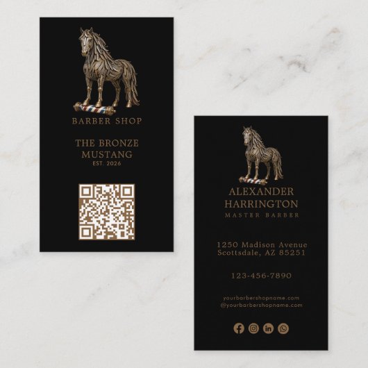 Modernes Bronze-Mustang-Friseurstudio-Logo Qr-Code Visitenkarte (Vorne/Hinten)