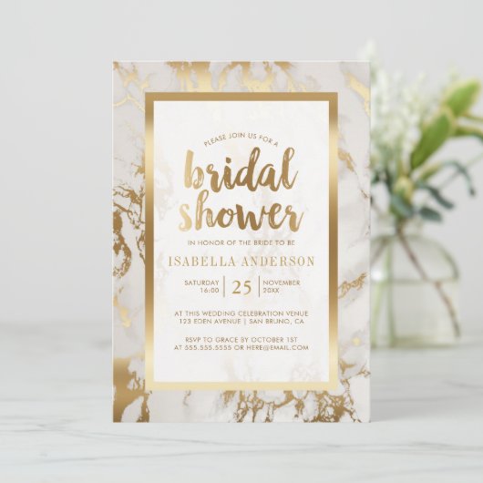 Modernes Bronzefolien-u. Marmor-Brautparty Einladung (Stehend Vorderseite)