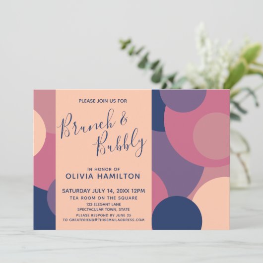 Modernes Brunch & Bubbly mit farbigen Kreisläufen Einladung (Stehend Vorderseite)