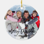 Modernes Brush Script Family Foto Frohe Weihnachte Keramik Ornament (Hinten)