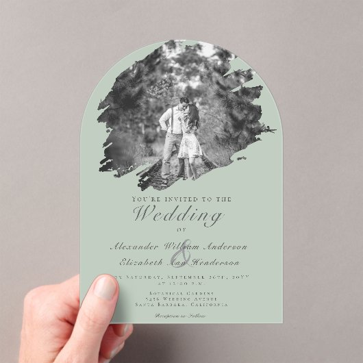 Modernes Brushhub-Foto | Sage Green Wedding Acryleinladungen (Insitu (Handheld))
