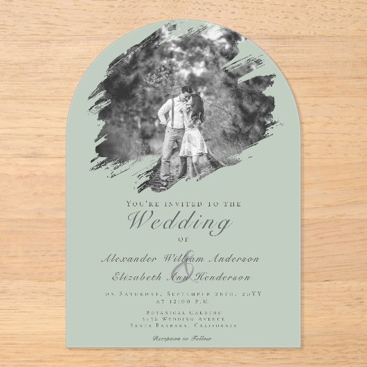 Modernes Brushhub-Foto | Sage Green Wedding Acryleinladungen (Vorderseite)