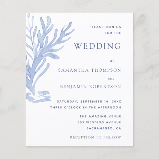 Modernes Budget Beach Hochzeit Einladung Blue Whit (Vorderseite)