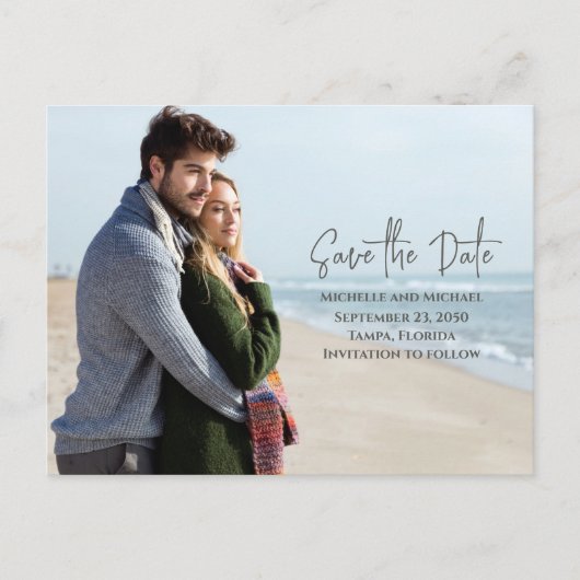 Modernes Budget Save the Date Foto Hochzeit QR-Cod Ankündigungspostkarte (Vorderseite)